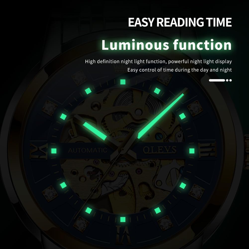 OLEVS Gold Skeleton Men's Automatic Mechanical Watches self Winding Luxury Dress Shiny Diamond Stainess Steel Waterproof Luminous Wrist Watches