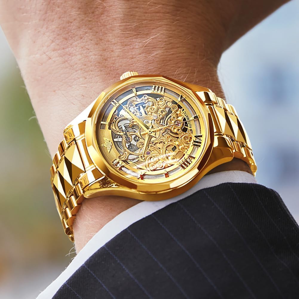 OLEVS Gold Skeleton Men's Automatic Mechanical Watches self Winding Luxury Dress Shiny Diamond Stainess Steel Waterproof Luminous Wrist Watches