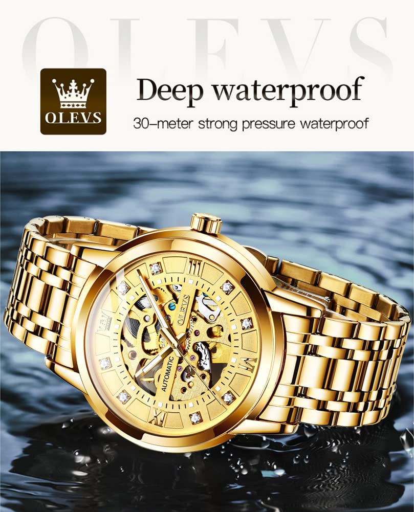 OLEVS Gold Skeleton Men's Automatic Mechanical Watches self Winding Luxury Dress Shiny Diamond Stainess Steel Waterproof Luminous Wrist Watches