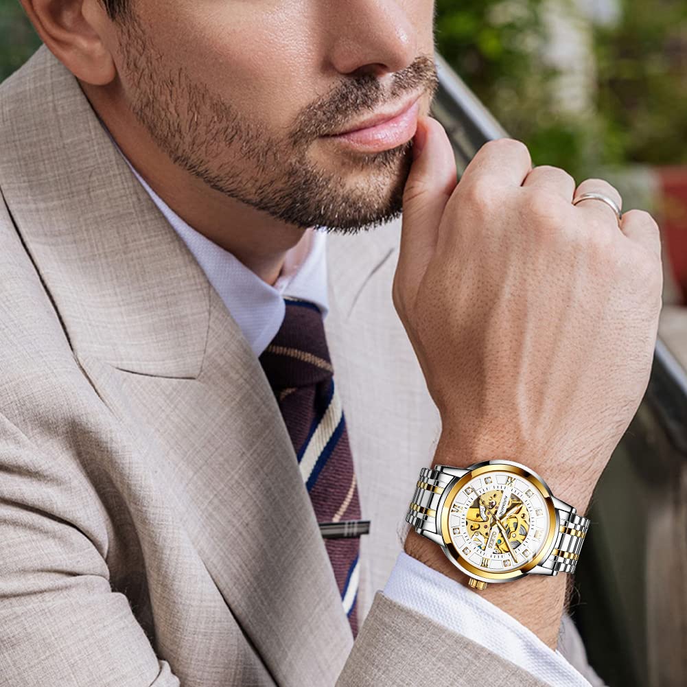 OLEVS Gold Skeleton Men's Automatic Mechanical Watches self Winding Luxury Dress Shiny Diamond Stainess Steel Waterproof Luminous Wrist Watches