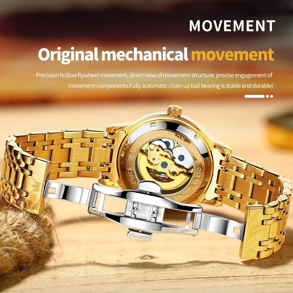OLEVS Gold Skeleton Men's Automatic Mechanical Watches self Winding Luxury Dress Shiny Diamond Stainess Steel Waterproof Luminous Wrist Watches