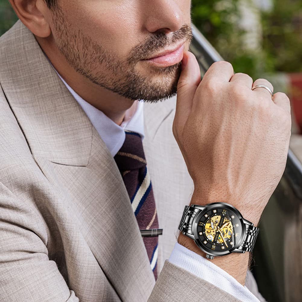 OLEVS Gold Skeleton Men's Automatic Mechanical Watches self Winding Luxury Dress Shiny Diamond Stainess Steel Waterproof Luminous Wrist Watches