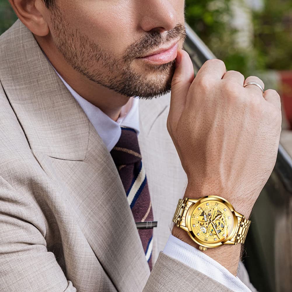 OLEVS Gold Skeleton Men's Automatic Mechanical Watches self Winding Luxury Dress Shiny Diamond Stainess Steel Waterproof Luminous Wrist Watches