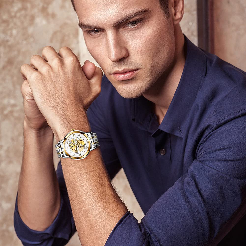 OLEVS Gold Skeleton Men's Automatic Mechanical Watches self Winding Luxury Dress Shiny Diamond Stainess Steel Waterproof Luminous Wrist Watches