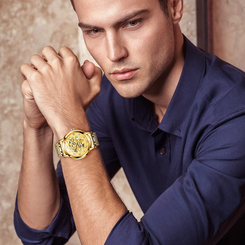 OLEVS Gold Skeleton Men's Automatic Mechanical Watches self Winding Luxury Dress Shiny Diamond Stainess Steel Waterproof Luminous Wrist Watches