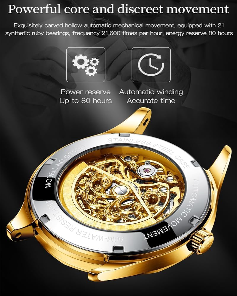 OLEVS Gold Skeleton Men's Automatic Mechanical Watches self Winding Luxury Dress Shiny Diamond Stainess Steel Waterproof Luminous Wrist Watches