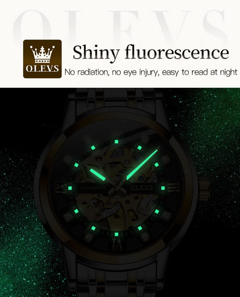 OLEVS Gold Skeleton Men's Automatic Mechanical Watches self Winding Luxury Dress Shiny Diamond Stainess Steel Waterproof Luminous Wrist Watches