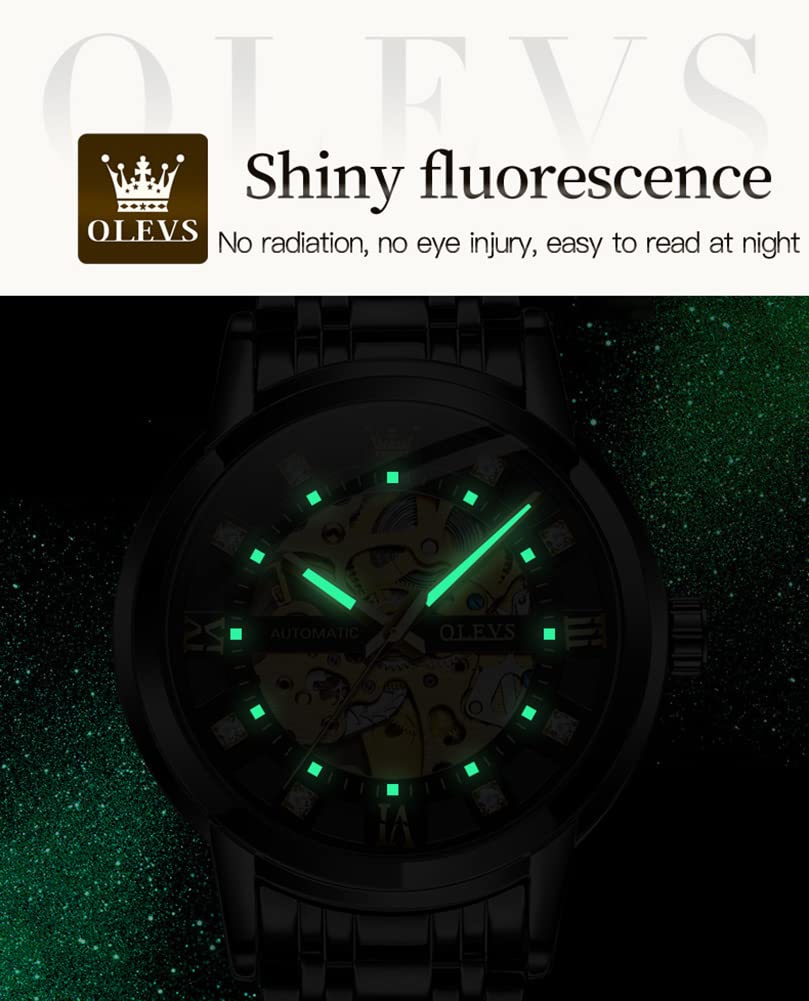 OLEVS Gold Skeleton Men's Automatic Mechanical Watches self Winding Luxury Dress Shiny Diamond Stainess Steel Waterproof Luminous Wrist Watches