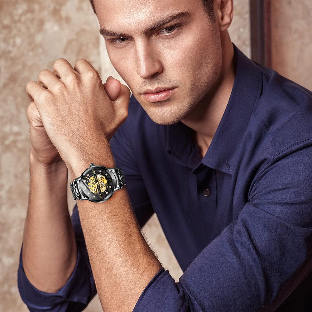 OLEVS Gold Skeleton Men's Automatic Mechanical Watches self Winding Luxury Dress Shiny Diamond Stainess Steel Waterproof Luminous Wrist Watches