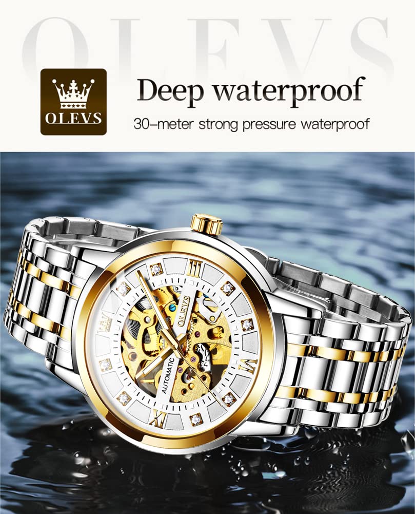 OLEVS Gold Skeleton Men's Automatic Mechanical Watches self Winding Luxury Dress Shiny Diamond Stainess Steel Waterproof Luminous Wrist Watches