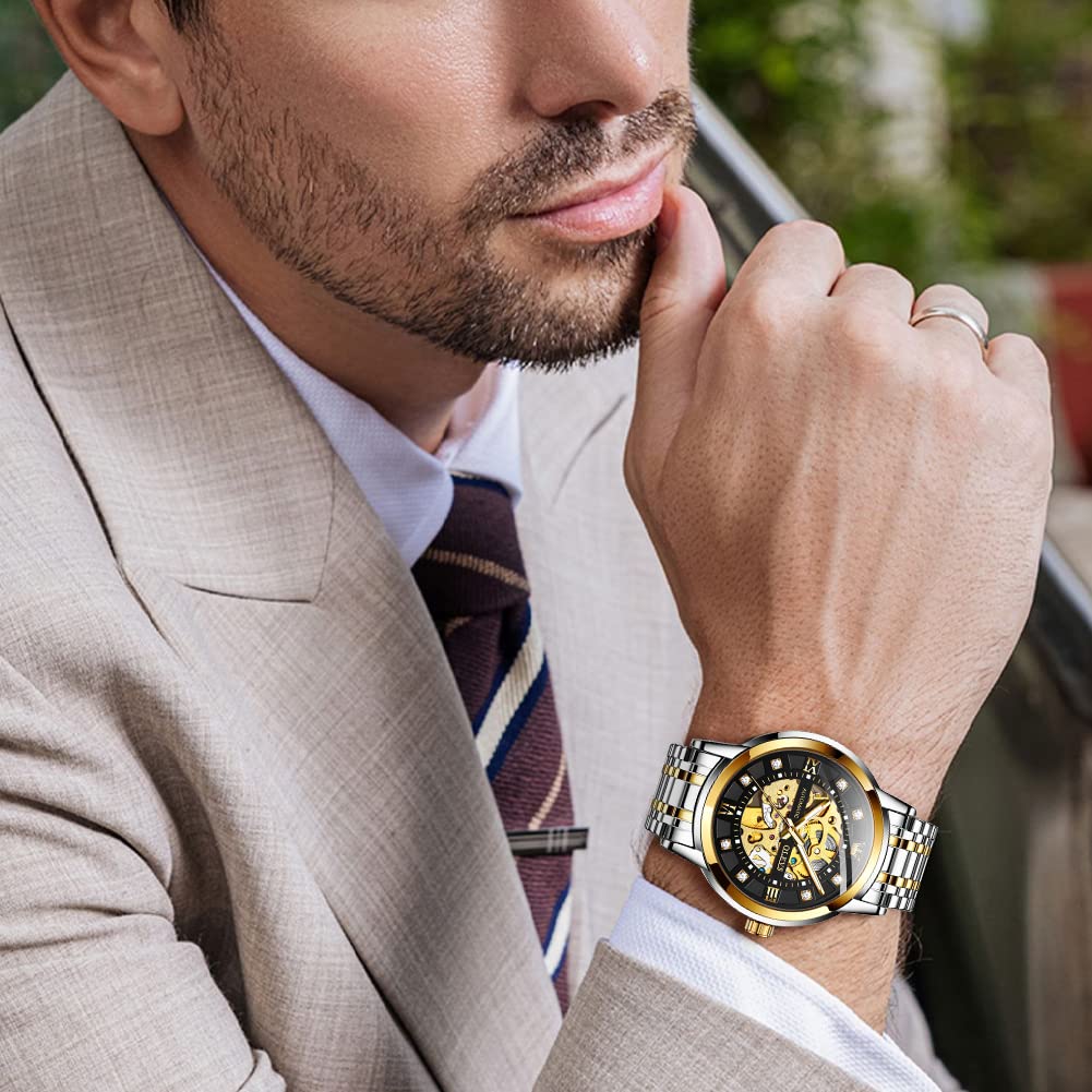 OLEVS Gold Skeleton Men's Automatic Mechanical Watches self Winding Luxury Dress Shiny Diamond Stainess Steel Waterproof Luminous Wrist Watches