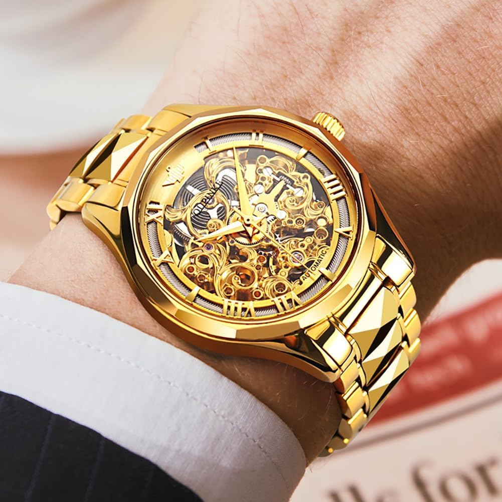 OLEVS Gold Skeleton Men's Automatic Mechanical Watches self Winding Luxury Dress Shiny Diamond Stainess Steel Waterproof Luminous Wrist Watches