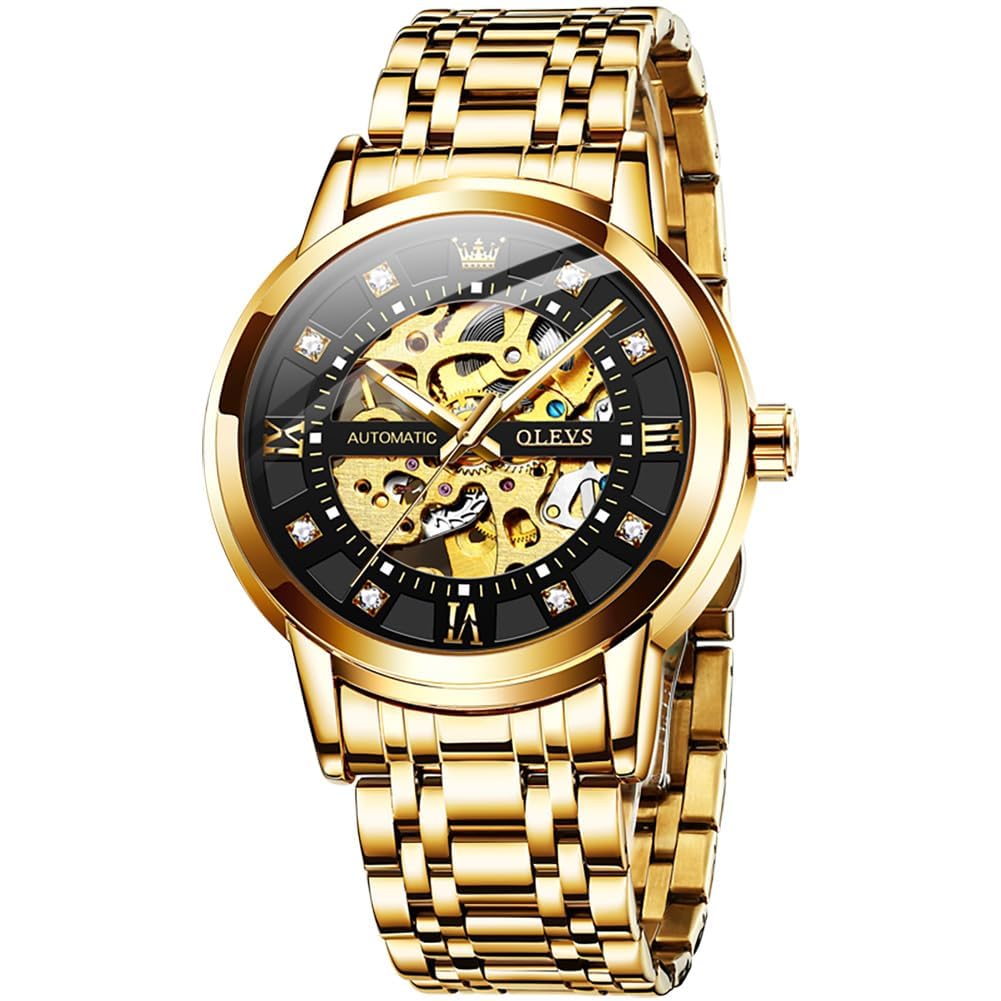 OLEVS Gold Skeleton Men's Automatic Mechanical Watches self Winding Luxury Dress Shiny Diamond Stainess Steel Waterproof Luminous Wrist Watches