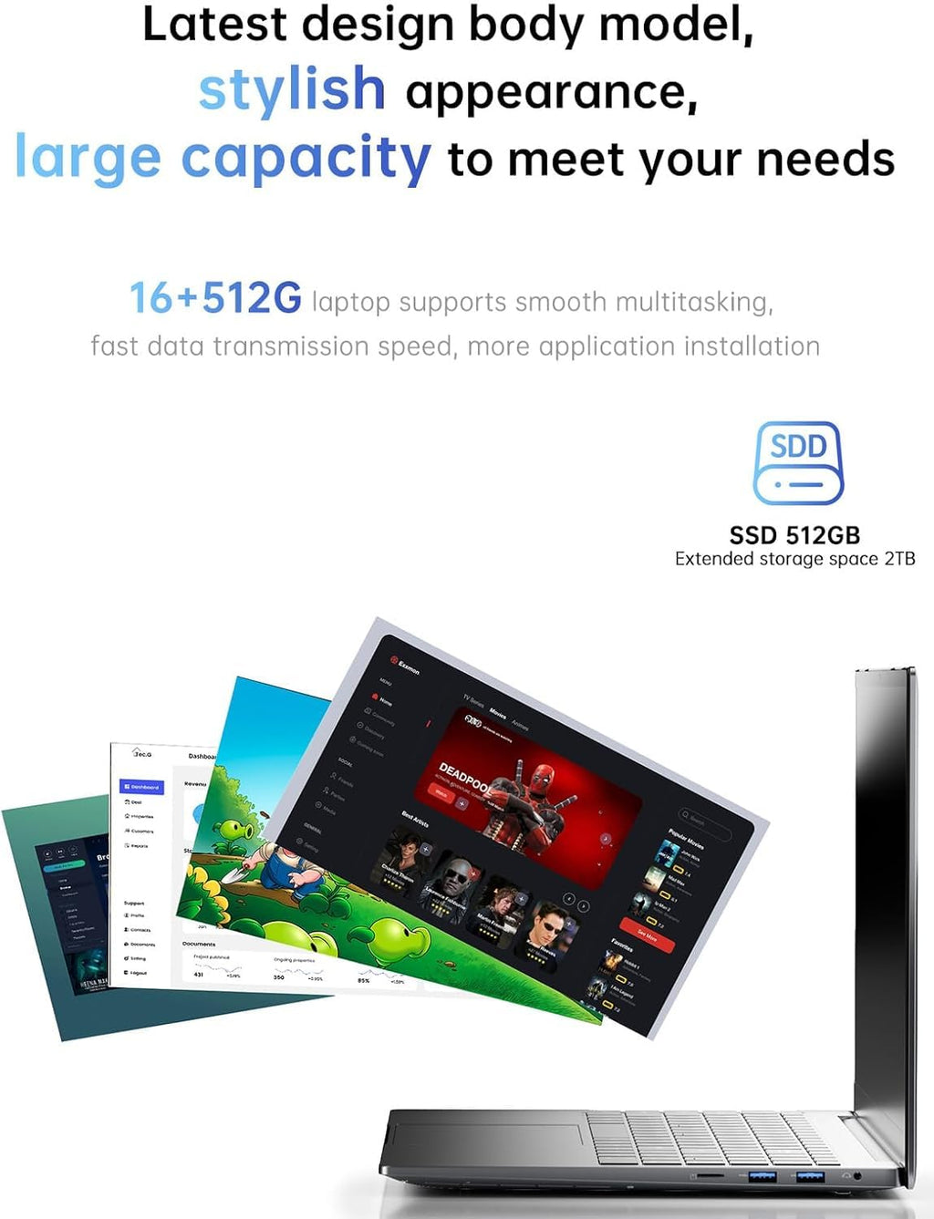 KAIGERR Gaming Laptop, Laptops with AMD Ryzen 4300U(Up to 3.7GHz), 16GB DDR4 512GB SSD Laptop Computer, 16.0inch Windοws 11 Laptop, 1920P FHD Display, WiFi 6, USB3.2, Type_C, Webcam Cover Slide