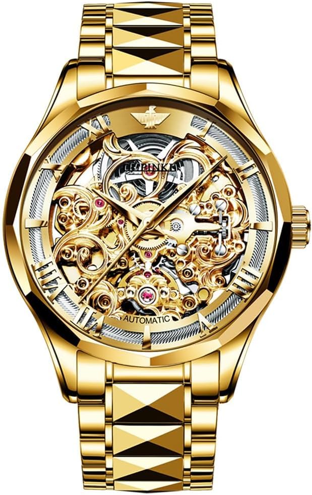 OLEVS Gold Skeleton Men's Automatic Mechanical Watches self Winding Luxury Dress Shiny Diamond Stainess Steel Waterproof Luminous Wrist Watches