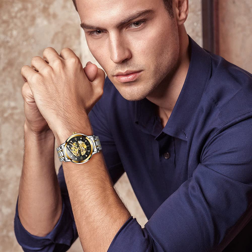 OLEVS Gold Skeleton Men's Automatic Mechanical Watches self Winding Luxury Dress Shiny Diamond Stainess Steel Waterproof Luminous Wrist Watches