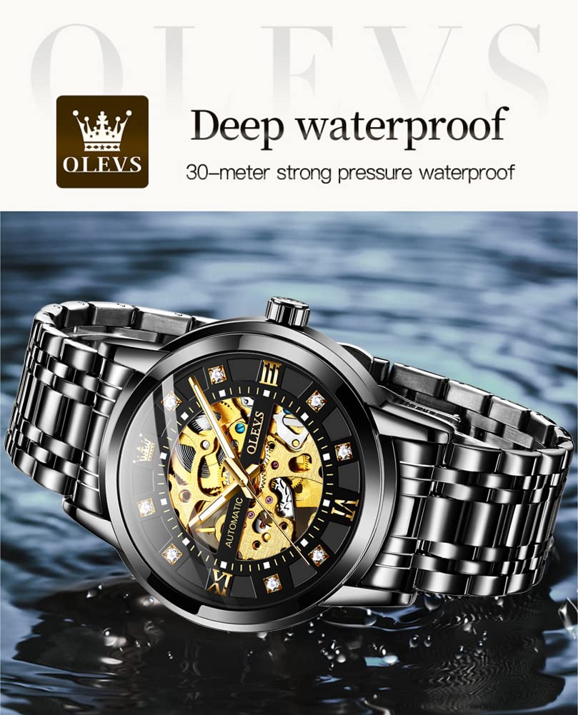 OLEVS Gold Skeleton Men's Automatic Mechanical Watches self Winding Luxury Dress Shiny Diamond Stainess Steel Waterproof Luminous Wrist Watches
