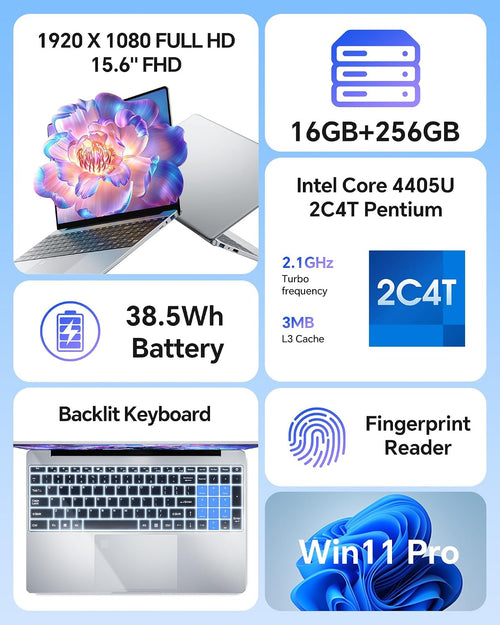 15.6" Laptop, Windows 11 Pro Computer, Pentium 2.10 GHz BaseSpeed, 16GB RAM