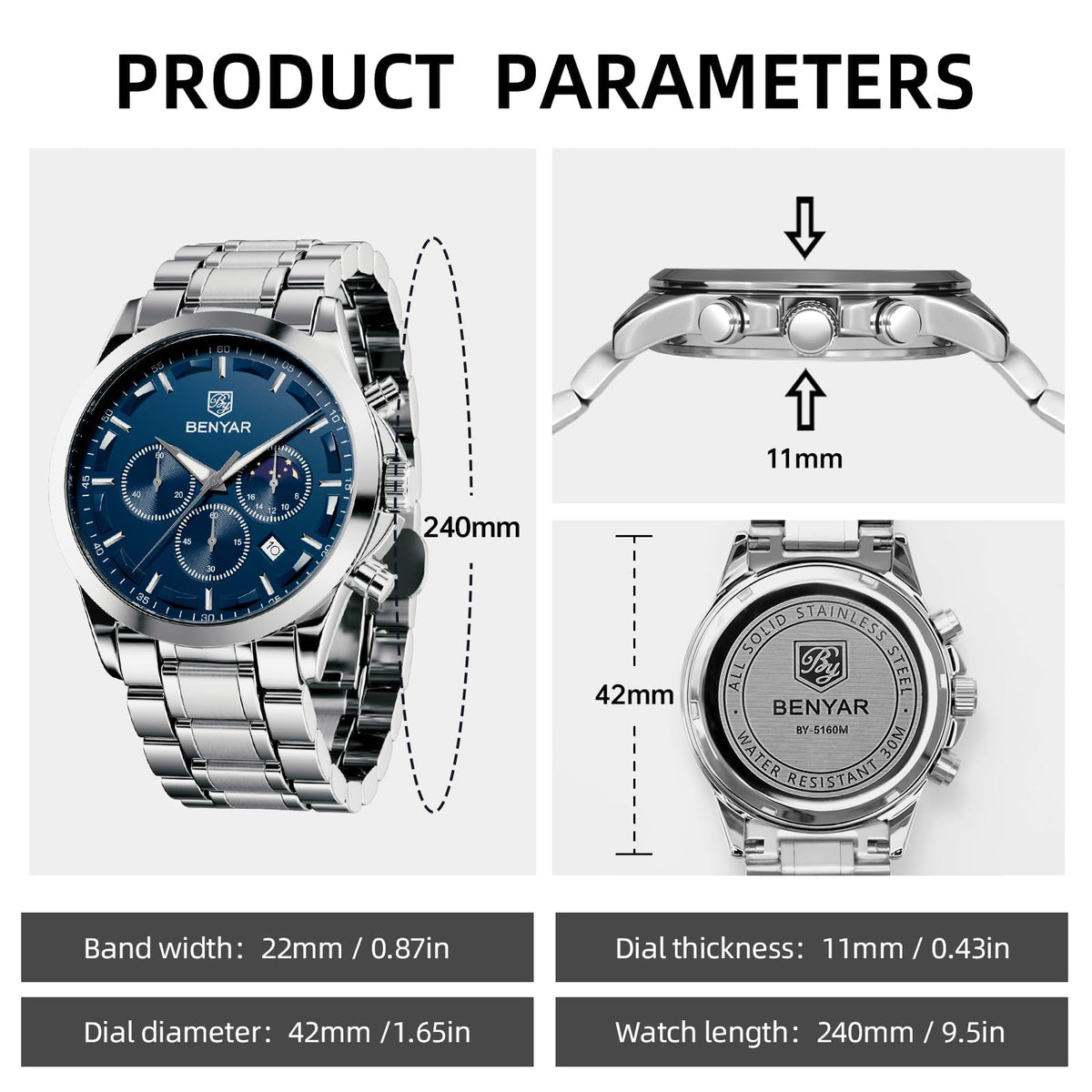 BENYAR Mens Watches Analog Quartz Chronograph Waterproof Wrist Watches for Men Fashion Business Work Casual Sport Designer Dress Watch with Calendar Elegant Gifts for Men
