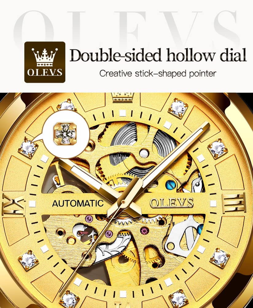 OLEVS Gold Skeleton Men's Automatic Mechanical Watches self Winding Luxury Dress Shiny Diamond Stainess Steel Waterproof Luminous Wrist Watches