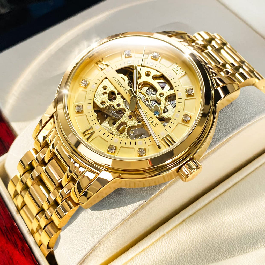 OLEVS Gold Skeleton Men's Automatic Mechanical Watches self Winding Luxury Dress Shiny Diamond Stainess Steel Waterproof Luminous Wrist Watches