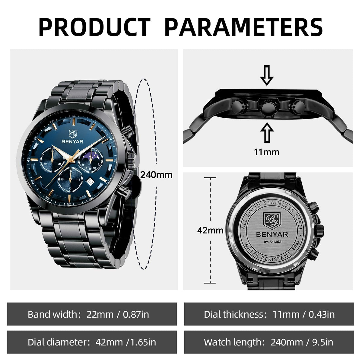 BENYAR Mens Watches Analog Quartz Chronograph Waterproof Wrist Watches for Men Fashion Business Work Casual Sport Designer Dress Watch with Calendar Elegant Gifts for Men
