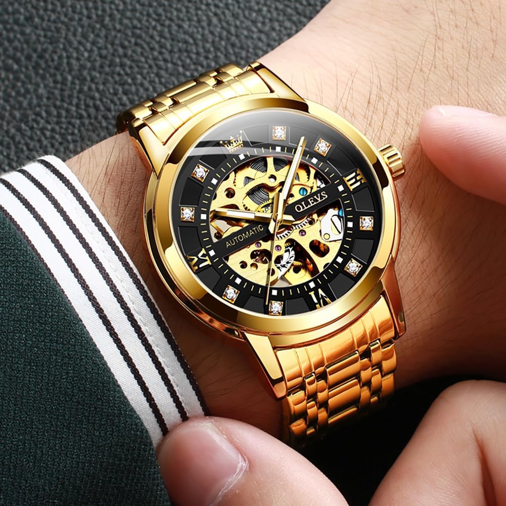 OLEVS Gold Skeleton Men's Automatic Mechanical Watches self Winding Luxury Dress Shiny Diamond Stainess Steel Waterproof Luminous Wrist Watches