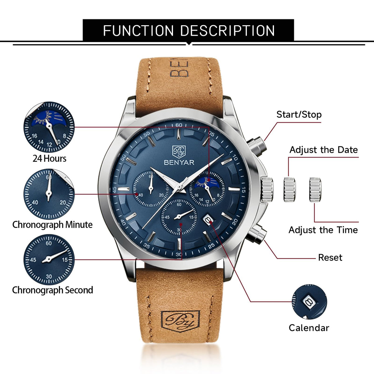 BENYAR Mens Watches Analog Quartz Chronograph Waterproof Wrist Watches for Men Fashion Business Work Casual Sport Designer Dress Watch with Calendar Elegant Gifts for Men
