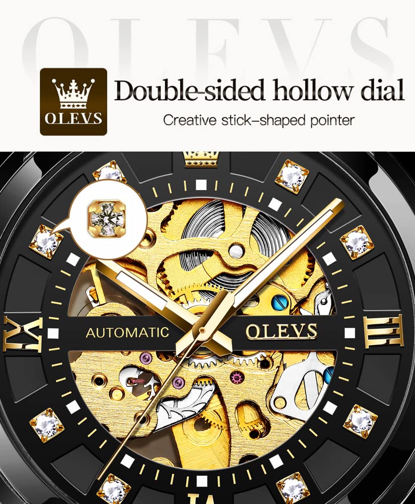OLEVS Gold Skeleton Men's Automatic Mechanical Watches self Winding Luxury Dress Shiny Diamond Stainess Steel Waterproof Luminous Wrist Watches