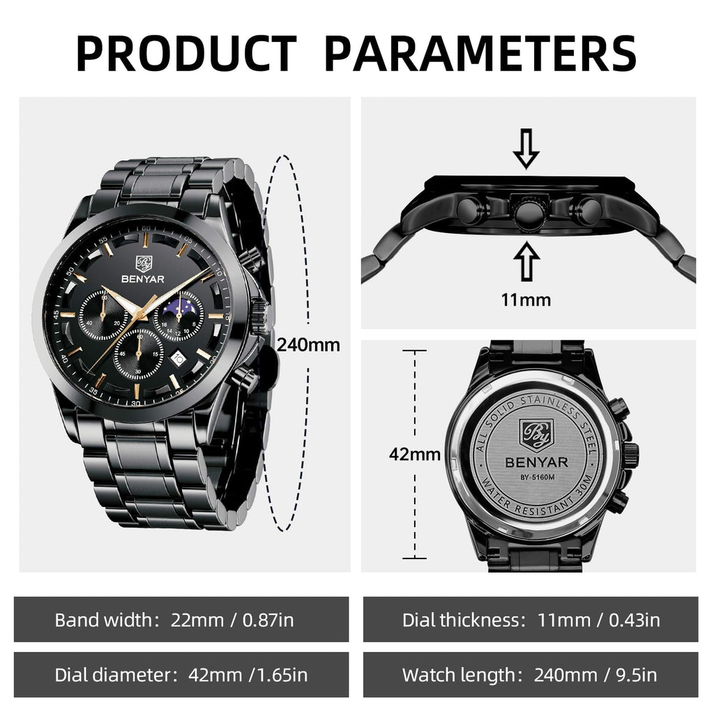 BENYAR Mens Watches Analog Quartz Chronograph Waterproof Wrist Watches for Men Fashion Business Work Casual Sport Designer Dress Watch with Calendar Elegant Gifts for Men