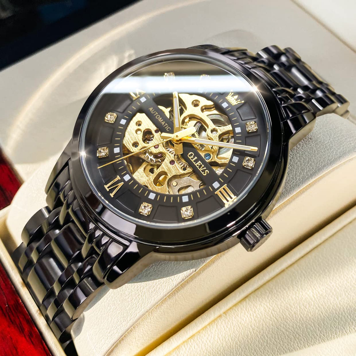 OLEVS Gold Skeleton Men's Automatic Mechanical Watches self Winding Luxury Dress Shiny Diamond Stainess Steel Waterproof Luminous Wrist Watches
