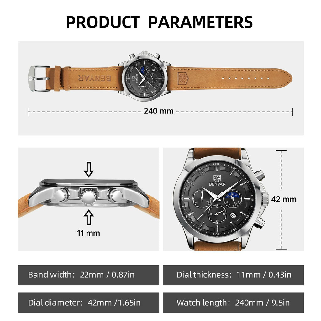 BENYAR Mens Watches Analog Quartz Chronograph Waterproof Wrist Watches for Men Fashion Business Work Casual Sport Designer Dress Watch with Calendar Elegant Gifts for Men