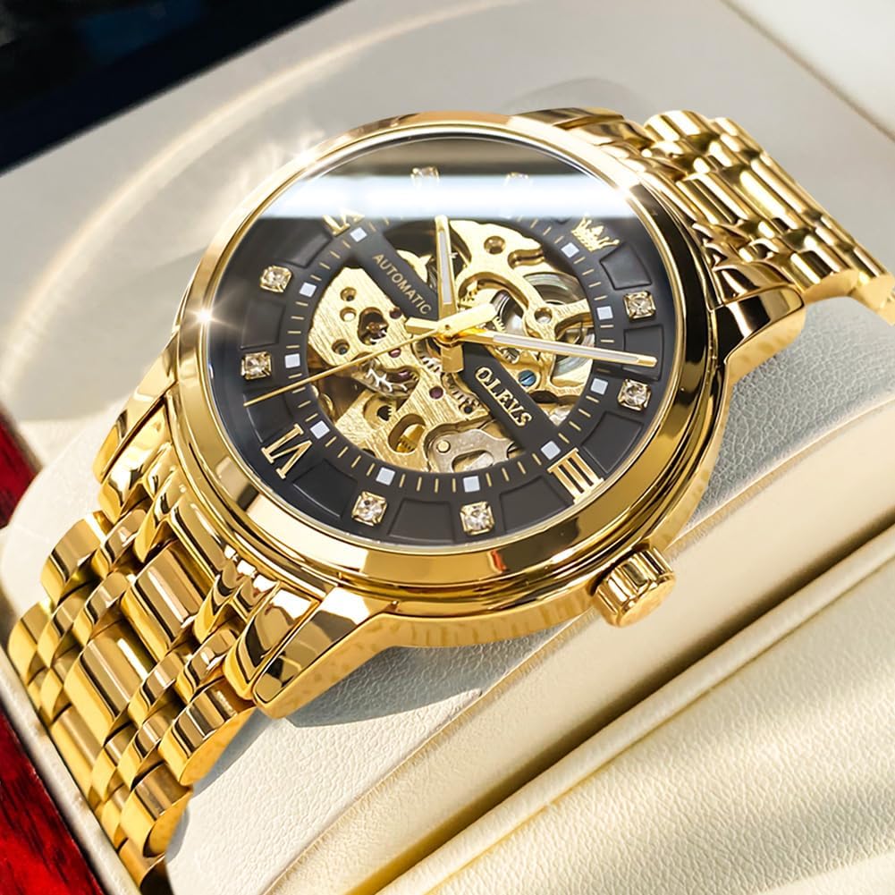 OLEVS Gold Skeleton Men's Automatic Mechanical Watches self Winding Luxury Dress Shiny Diamond Stainess Steel Waterproof Luminous Wrist Watches
