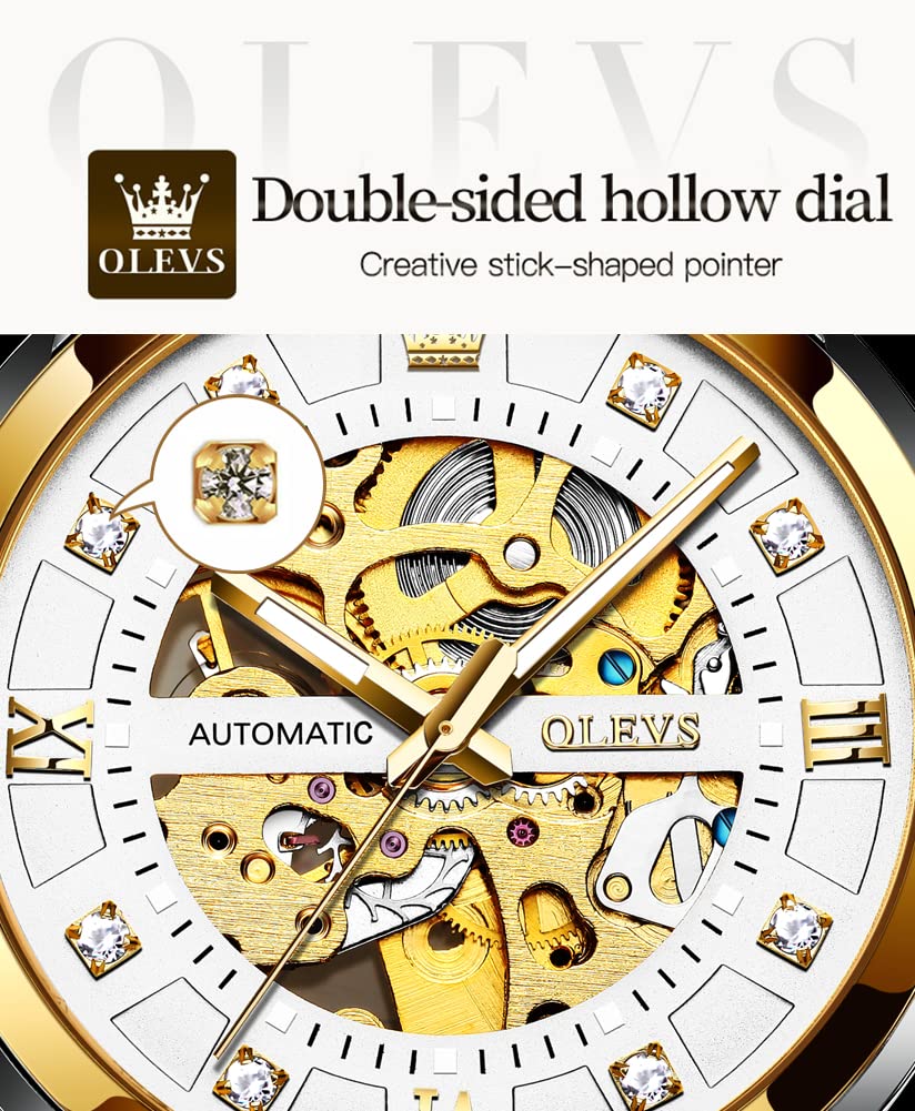 OLEVS Gold Skeleton Men's Automatic Mechanical Watches self Winding Luxury Dress Shiny Diamond Stainess Steel Waterproof Luminous Wrist Watches