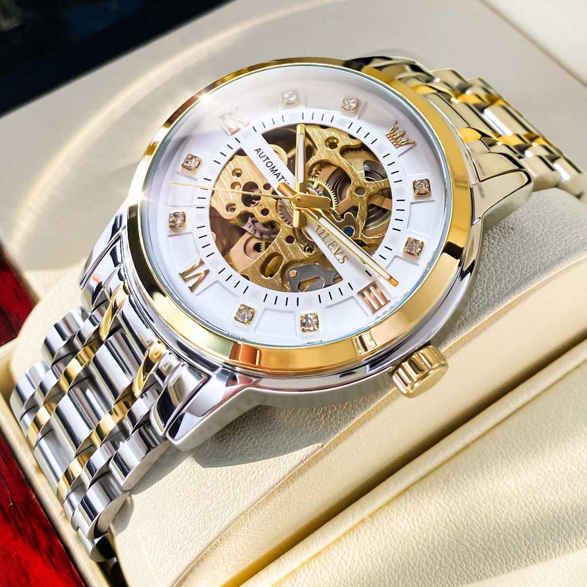 OLEVS Gold Skeleton Men's Automatic Mechanical Watches self Winding Luxury Dress Shiny Diamond Stainess Steel Waterproof Luminous Wrist Watches