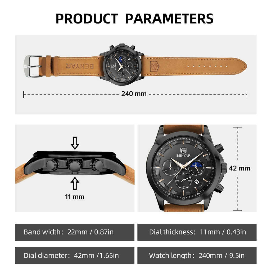 BENYAR Mens Watches Analog Quartz Chronograph Waterproof Wrist Watches for Men Fashion Business Work Casual Sport Designer Dress Watch with Calendar Elegant Gifts for Men