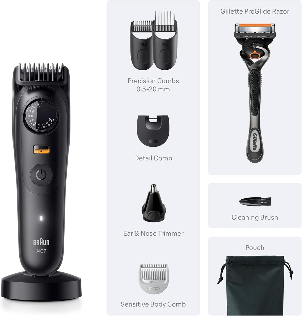 Braun All-in-One Series 7 Men's Electric Beard Trimmer, Hair Clipper, Shaver & Razor for Face, Hair & Body, All-in-One AIO 7535 with Gillette ProGlide Razor, Cordless