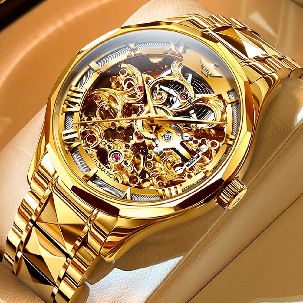 OLEVS Gold Skeleton Men's Automatic Mechanical Watches self Winding Luxury Dress Shiny Diamond Stainess Steel Waterproof Luminous Wrist Watches