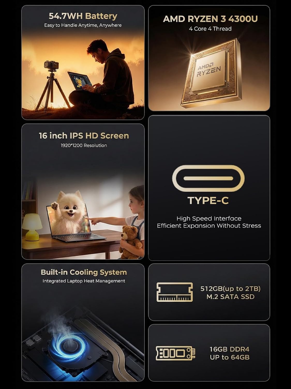 KAIGERR Gaming Laptop, Laptops with AMD Ryzen 4300U(Up to 3.7GHz), 16GB DDR4 512GB SSD Laptop Computer, 16.0inch Windοws 11 Laptop, 1920P FHD Display, WiFi 6, USB3.2, Type_C, Webcam Cover Slide