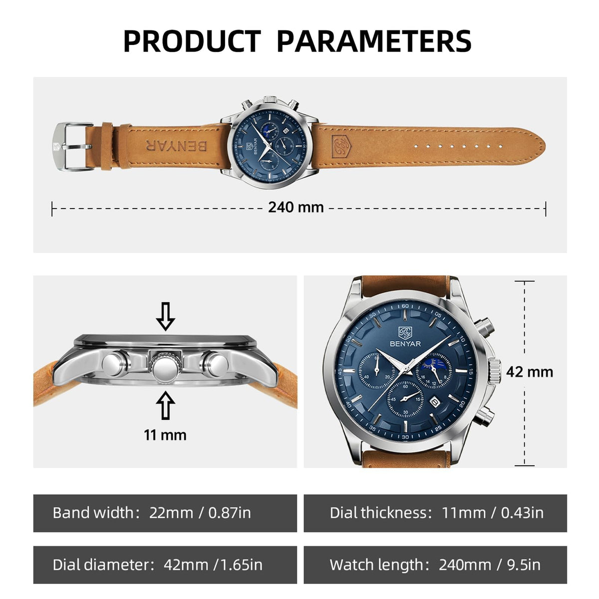 BENYAR Mens Watches Analog Quartz Chronograph Waterproof Wrist Watches for Men Fashion Business Work Casual Sport Designer Dress Watch with Calendar Elegant Gifts for Men