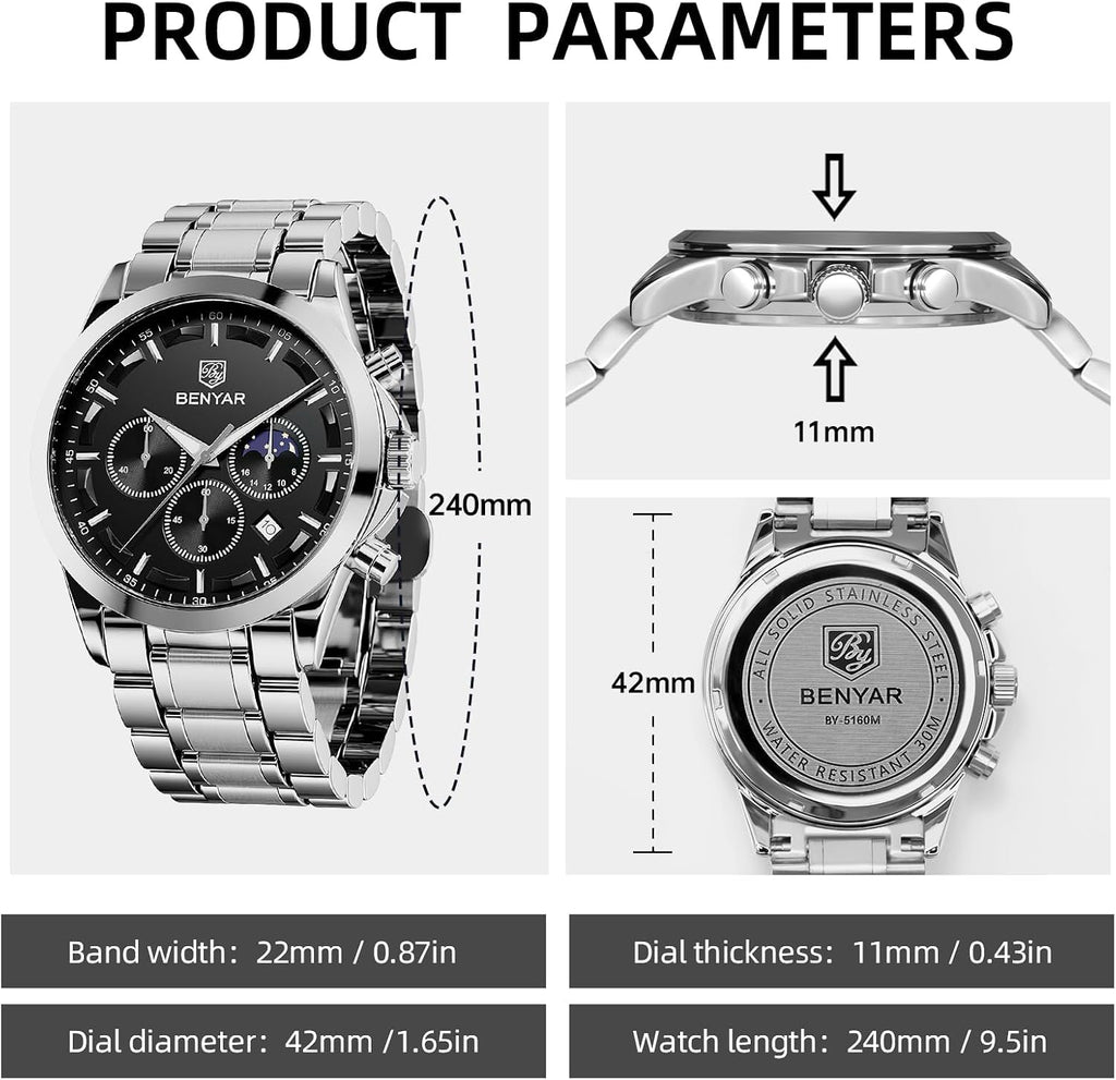 BENYAR Mens Watches Analog Quartz Chronograph Waterproof Wrist Watches for Men Fashion Business Work Casual Sport Designer Dress Watch with Calendar Elegant Gifts for Men