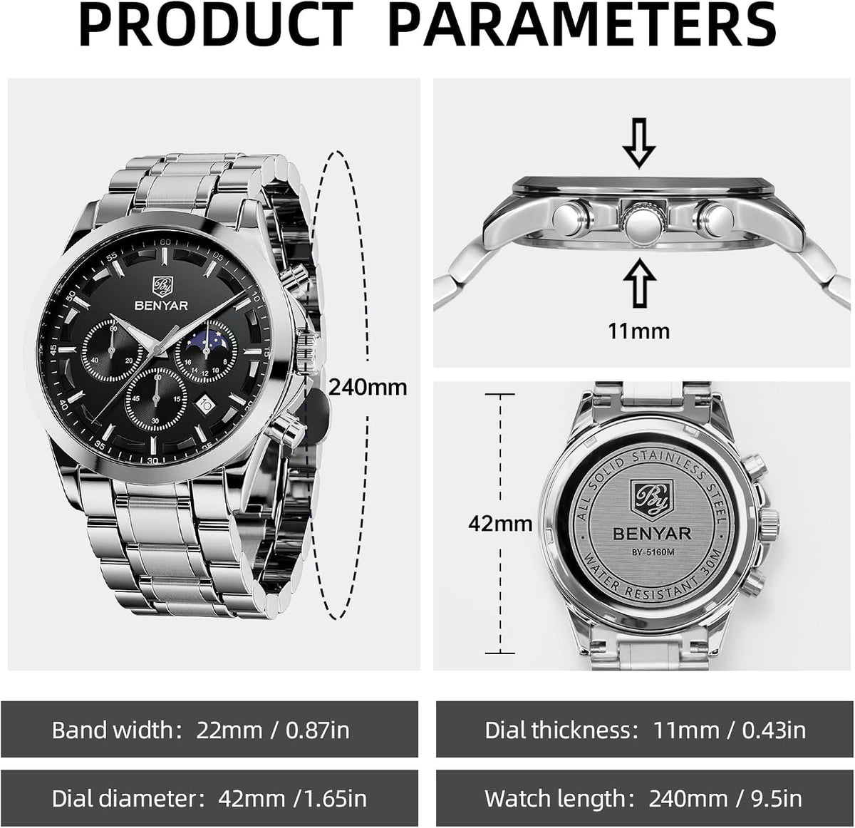 BENYAR Mens Watches Analog Quartz Chronograph Waterproof Wrist Watches for Men Fashion Business Work Casual Sport Designer Dress Watch with Calendar Elegant Gifts for Men