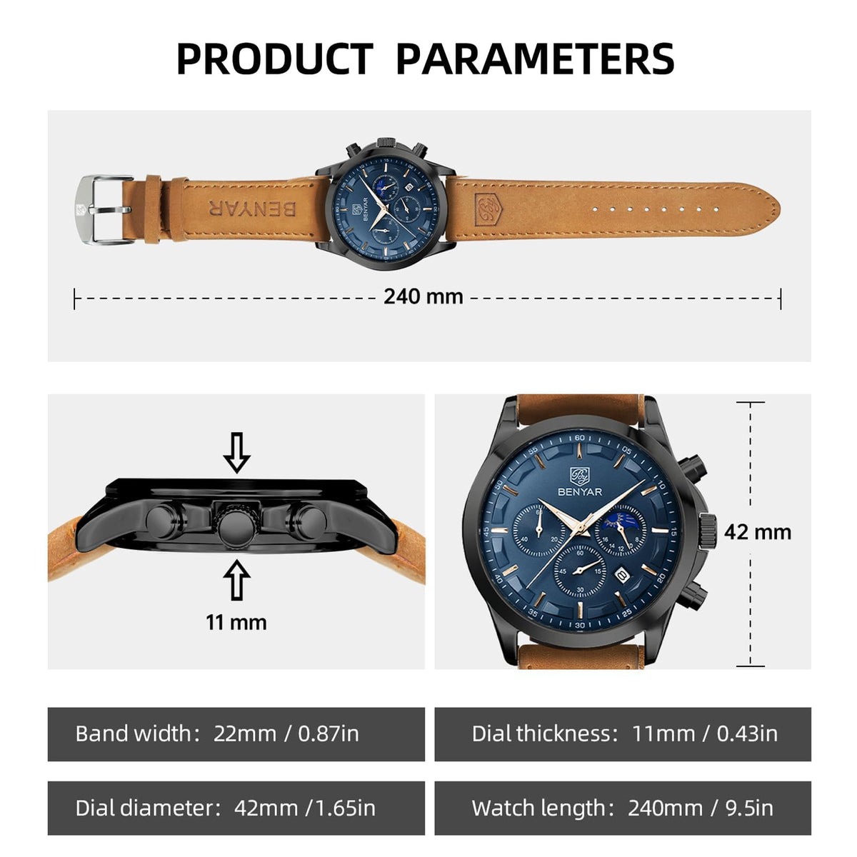 BENYAR Mens Watches Analog Quartz Chronograph Waterproof Wrist Watches for Men Fashion Business Work Casual Sport Designer Dress Watch with Calendar Elegant Gifts for Men