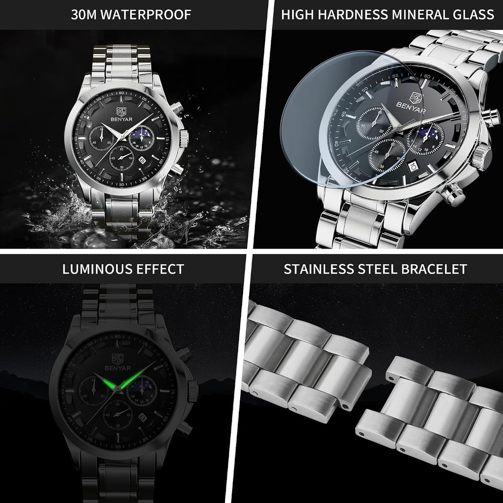 BENYAR Mens Watches Analog Quartz Chronograph Waterproof Wrist Watches for Men Fashion Business Work Casual Sport Designer Dress Watch with Calendar Elegant Gifts for Men