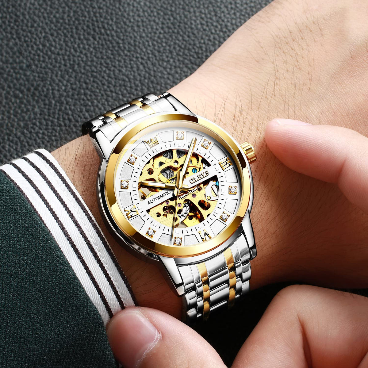OLEVS Gold Skeleton Men's Automatic Mechanical Watches self Winding Luxury Dress Shiny Diamond Stainess Steel Waterproof Luminous Wrist Watches