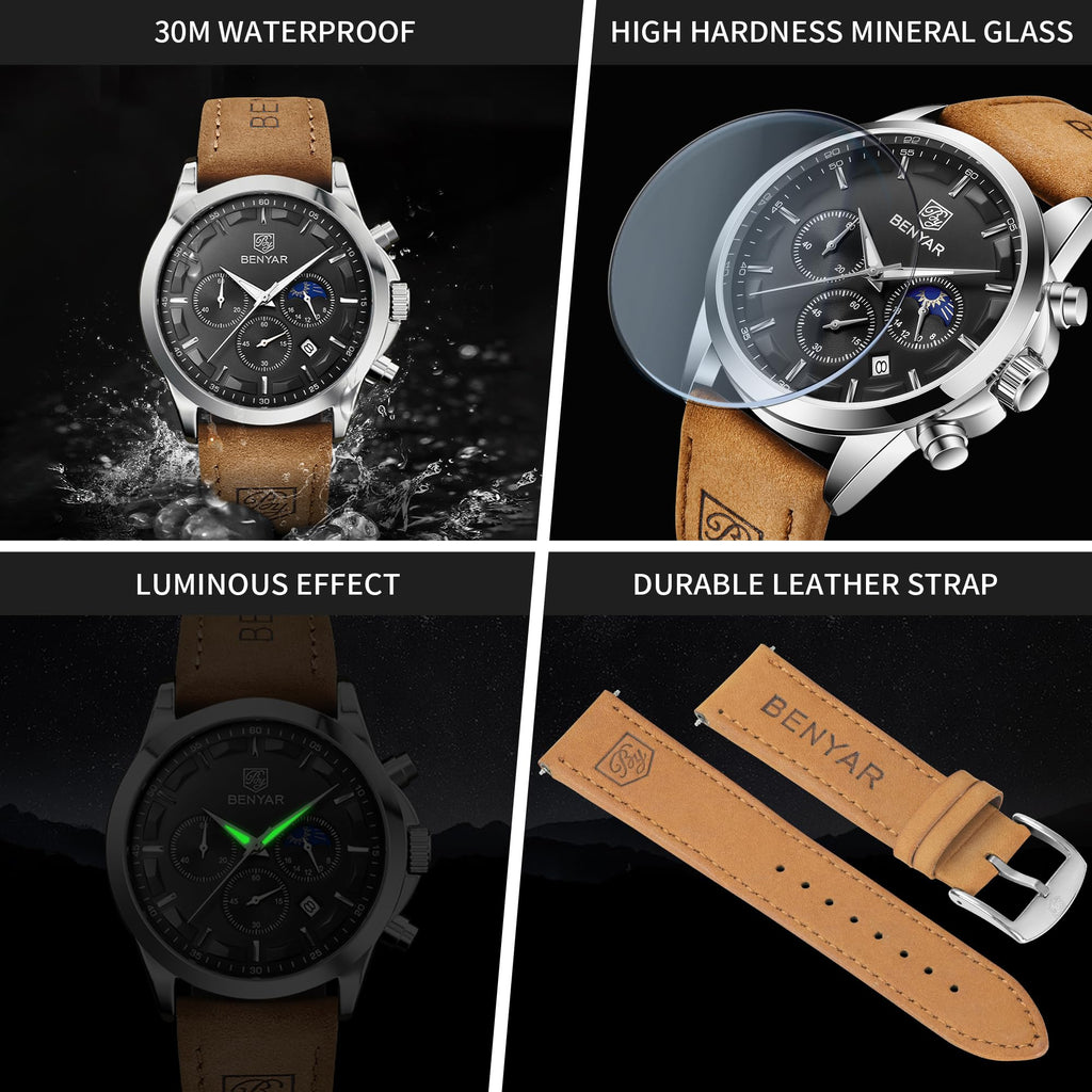 BENYAR Mens Watches Analog Quartz Chronograph Waterproof Wrist Watches for Men Fashion Business Work Casual Sport Designer Dress Watch with Calendar Elegant Gifts for Men