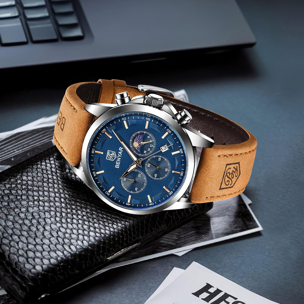 BENYAR Mens Watches Analog Quartz Chronograph Waterproof Wrist Watches for Men Fashion Business Work Casual Sport Designer Dress Watch with Calendar Elegant Gifts for Men