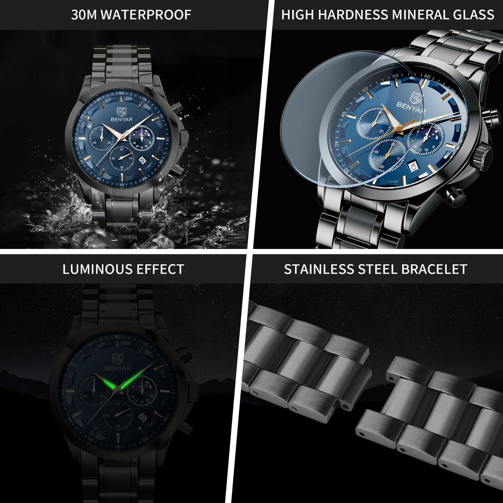 BENYAR Mens Watches Analog Quartz Chronograph Waterproof Wrist Watches for Men Fashion Business Work Casual Sport Designer Dress Watch with Calendar Elegant Gifts for Men