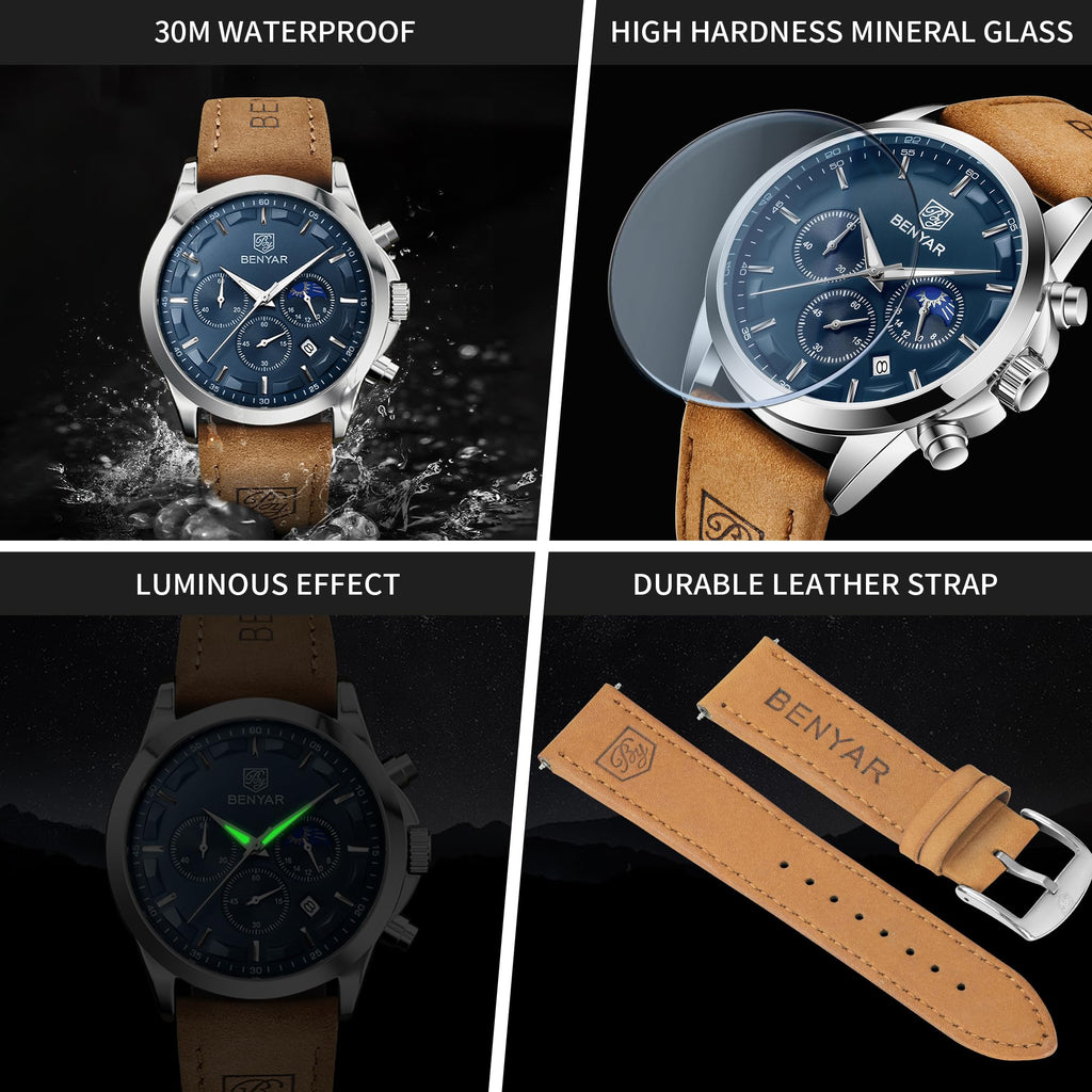 BENYAR Mens Watches Analog Quartz Chronograph Waterproof Wrist Watches for Men Fashion Business Work Casual Sport Designer Dress Watch with Calendar Elegant Gifts for Men