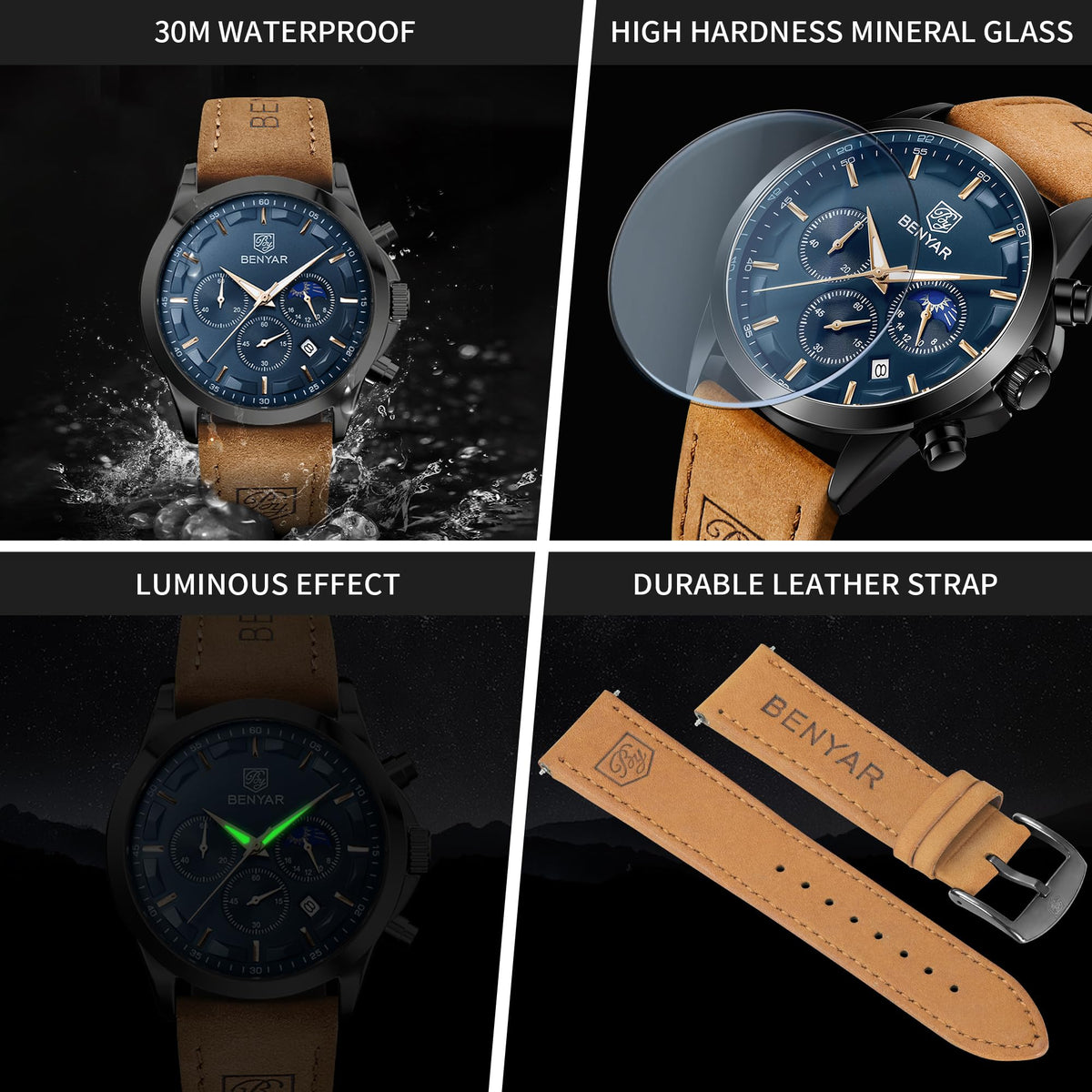 BENYAR Mens Watches Analog Quartz Chronograph Waterproof Wrist Watches for Men Fashion Business Work Casual Sport Designer Dress Watch with Calendar Elegant Gifts for Men